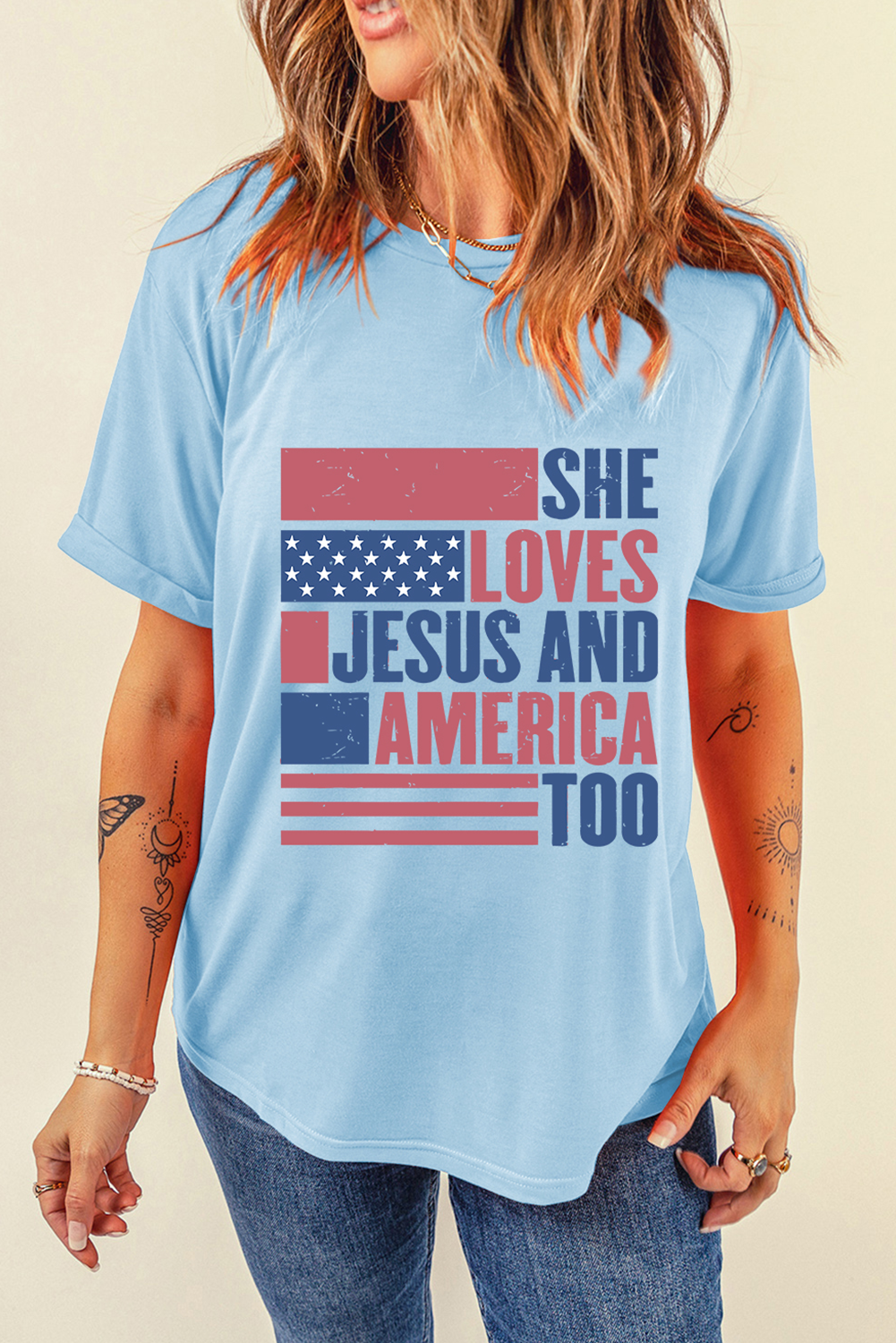 Light Blue AMERICA Patriotic T Shirt