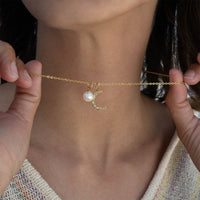 18K Gold PVD Stainless Steel Pearl Beaded Moon Charm: Gold / 15mm
