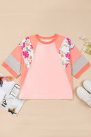 Plus Size Floral Print Patchwork Raglan Half Sleeve Top: Orange / Plus Size / 3X