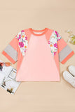 Plus Size Floral Print Patchwork Raglan Half Sleeve Top: Orange / Plus Size / 3X