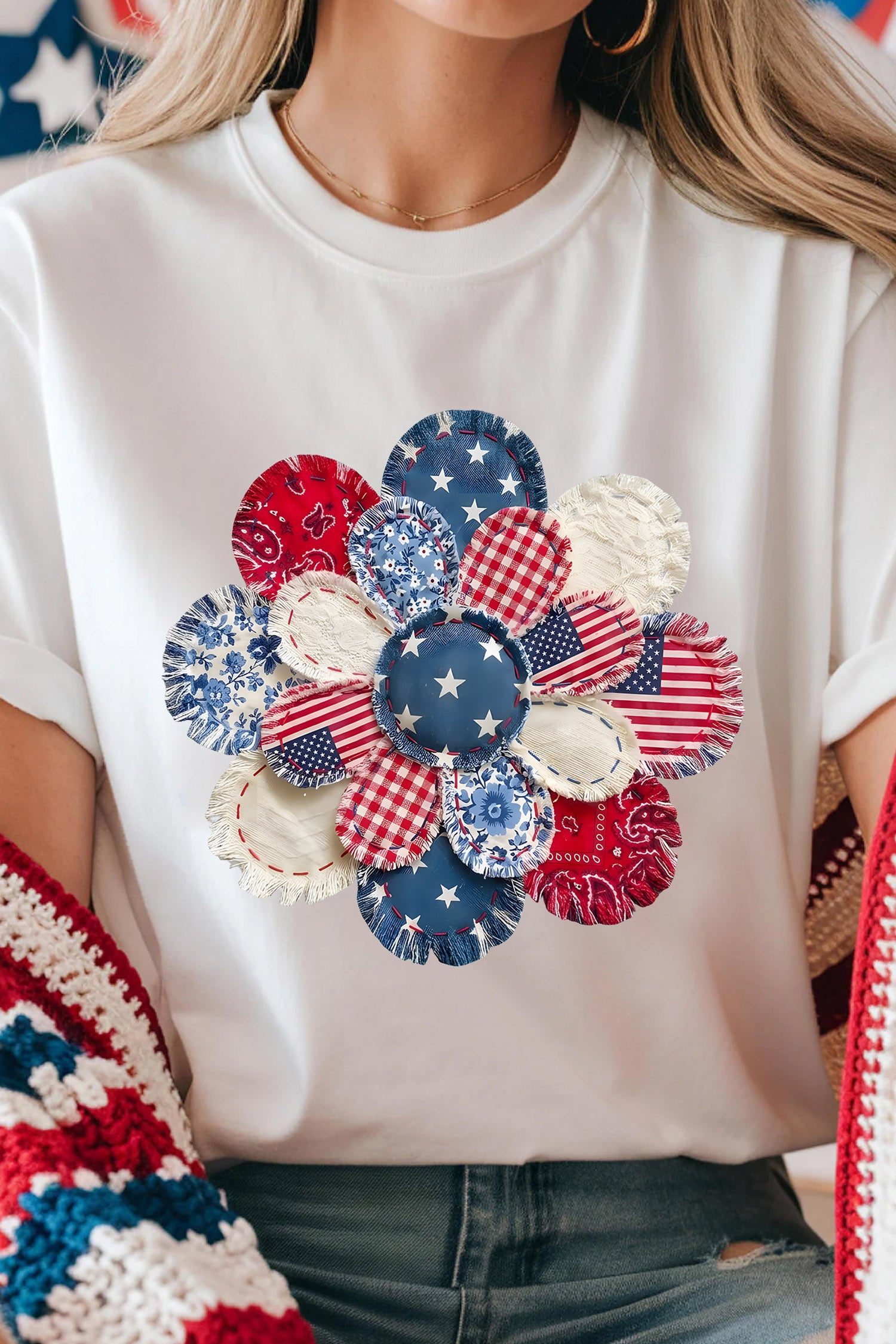 White Patchwork Patriotic Flower Printed T Shirt