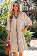Khaki Stripe Leopard Trim Dress