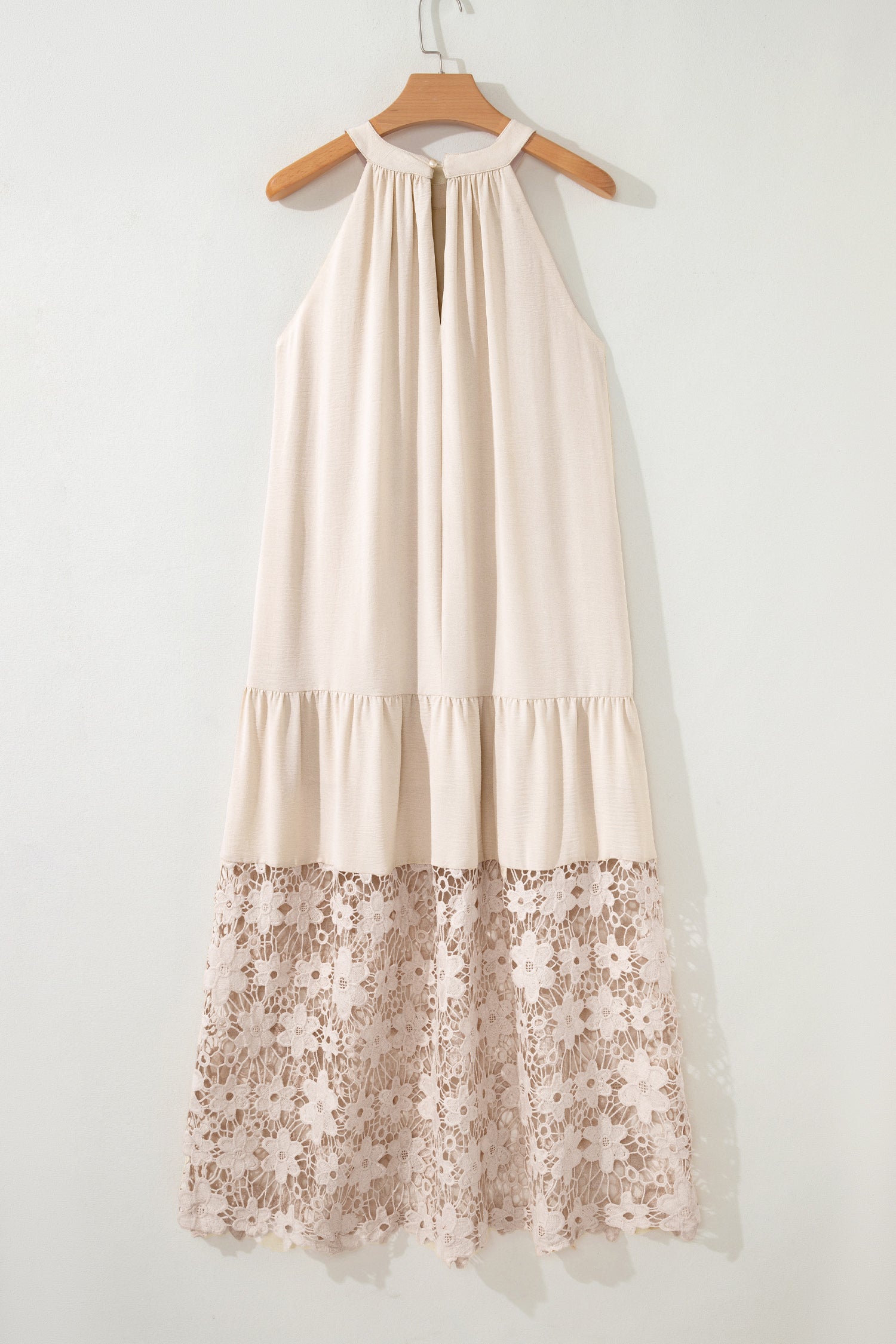 Beige Sheer Floral Lace Hem Halter Summer Dress