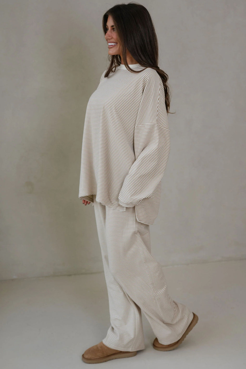 Pink Striped Drop Shoulder Long Sleeve Top and Pant Set