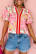 Pink V Neck Short Sleeve Floral Blouse