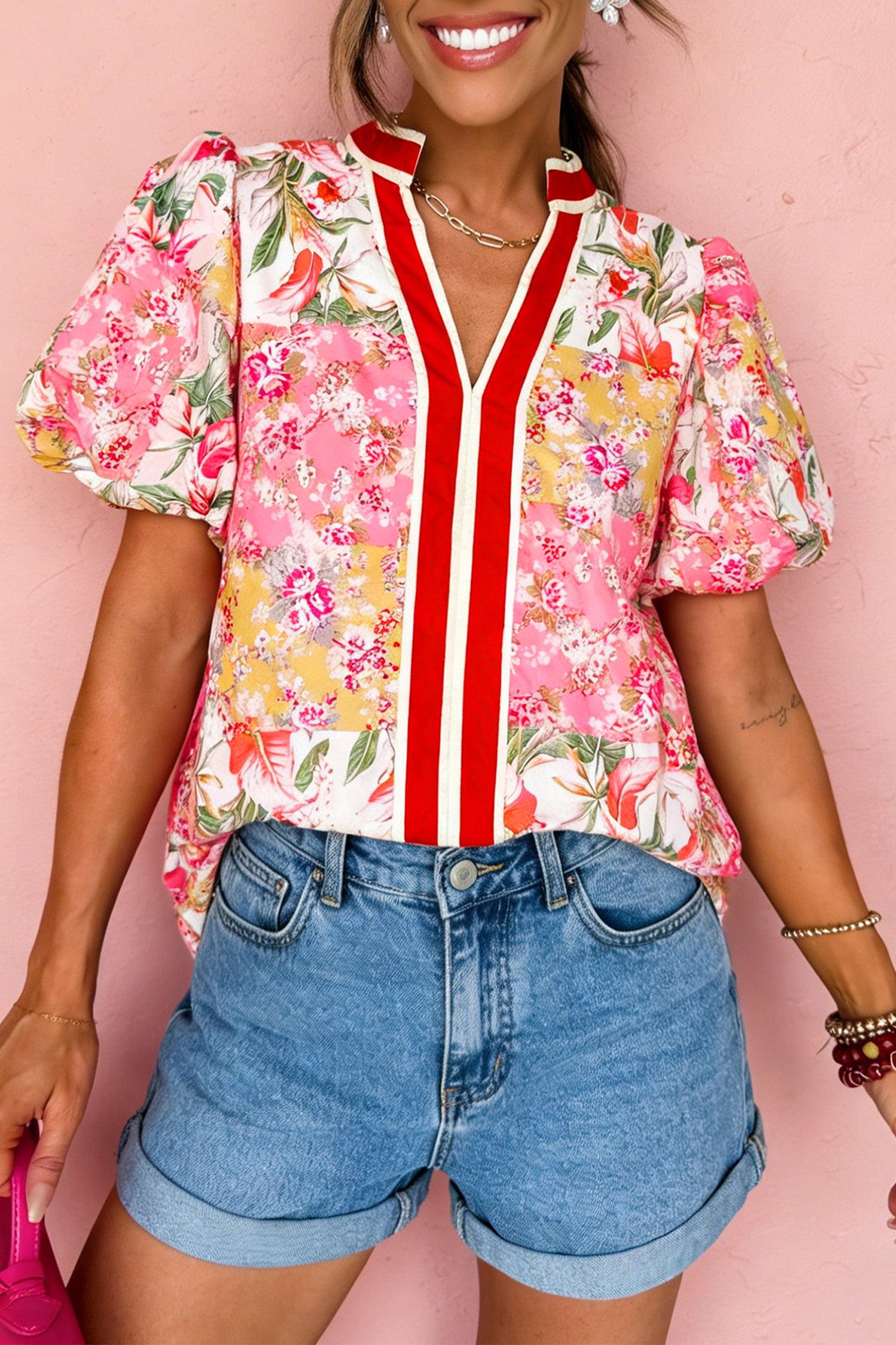 Pink V Neck Short Sleeve Floral Blouse