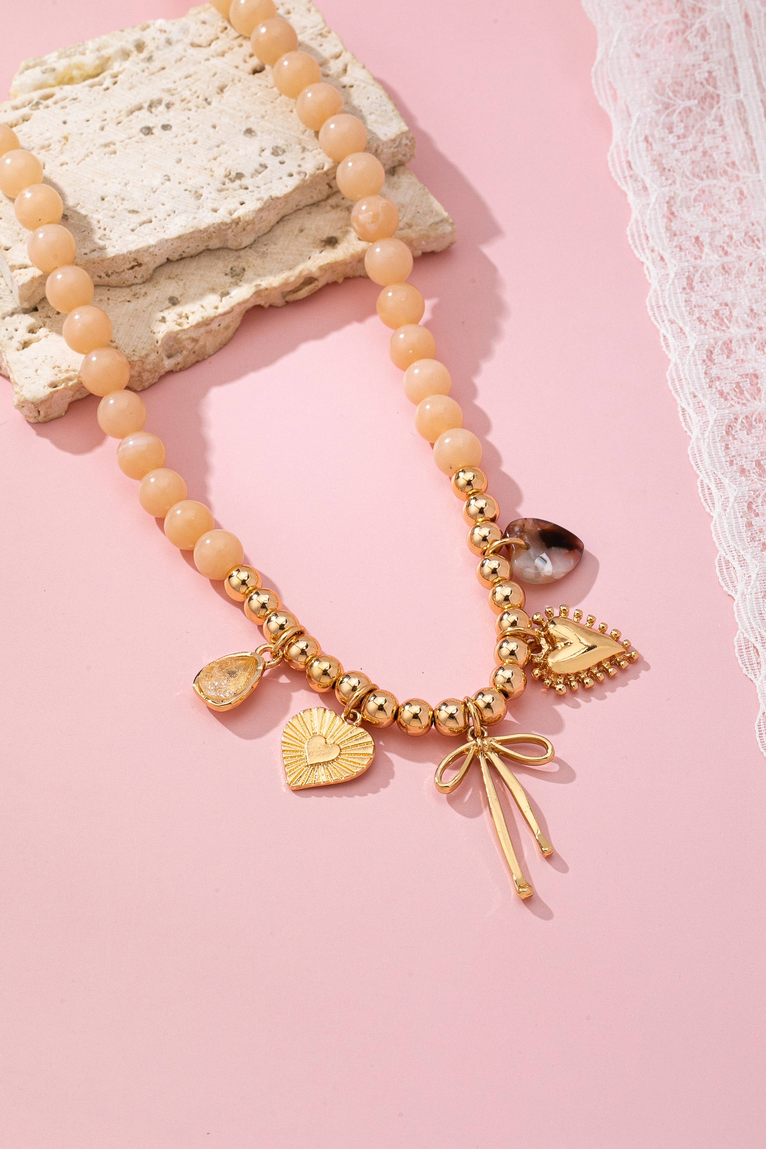 Beige Beaded Bow Heart Rhinestone Charm Necklace | 80N92689: GOLD