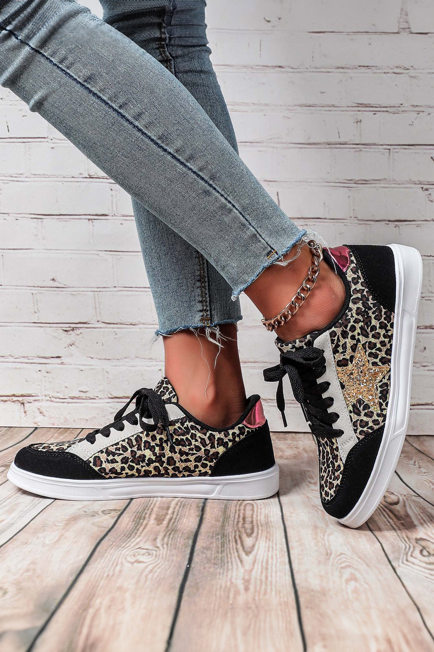 Black Glitter Star Patchwork Lace-up Flat Shoes