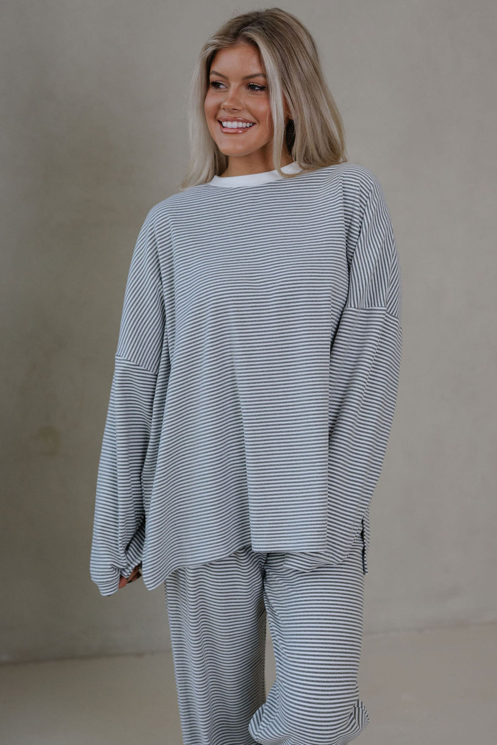 Pink Striped Drop Shoulder Long Sleeve Top and Pant Set