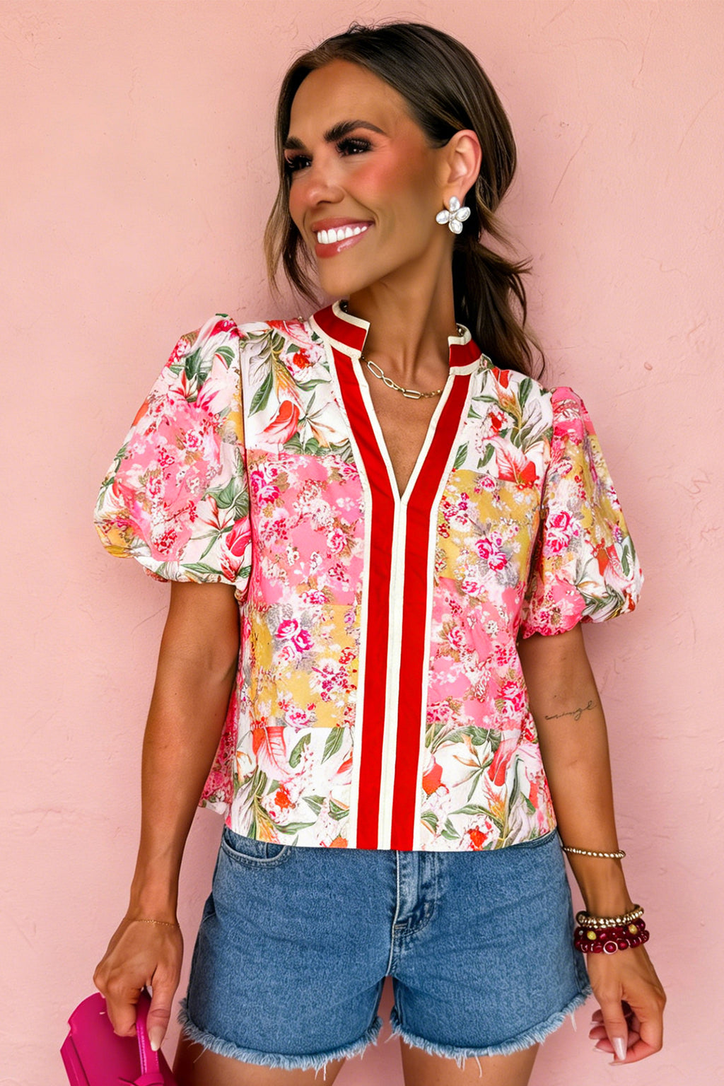 Pink V Neck Short Sleeve Floral Blouse
