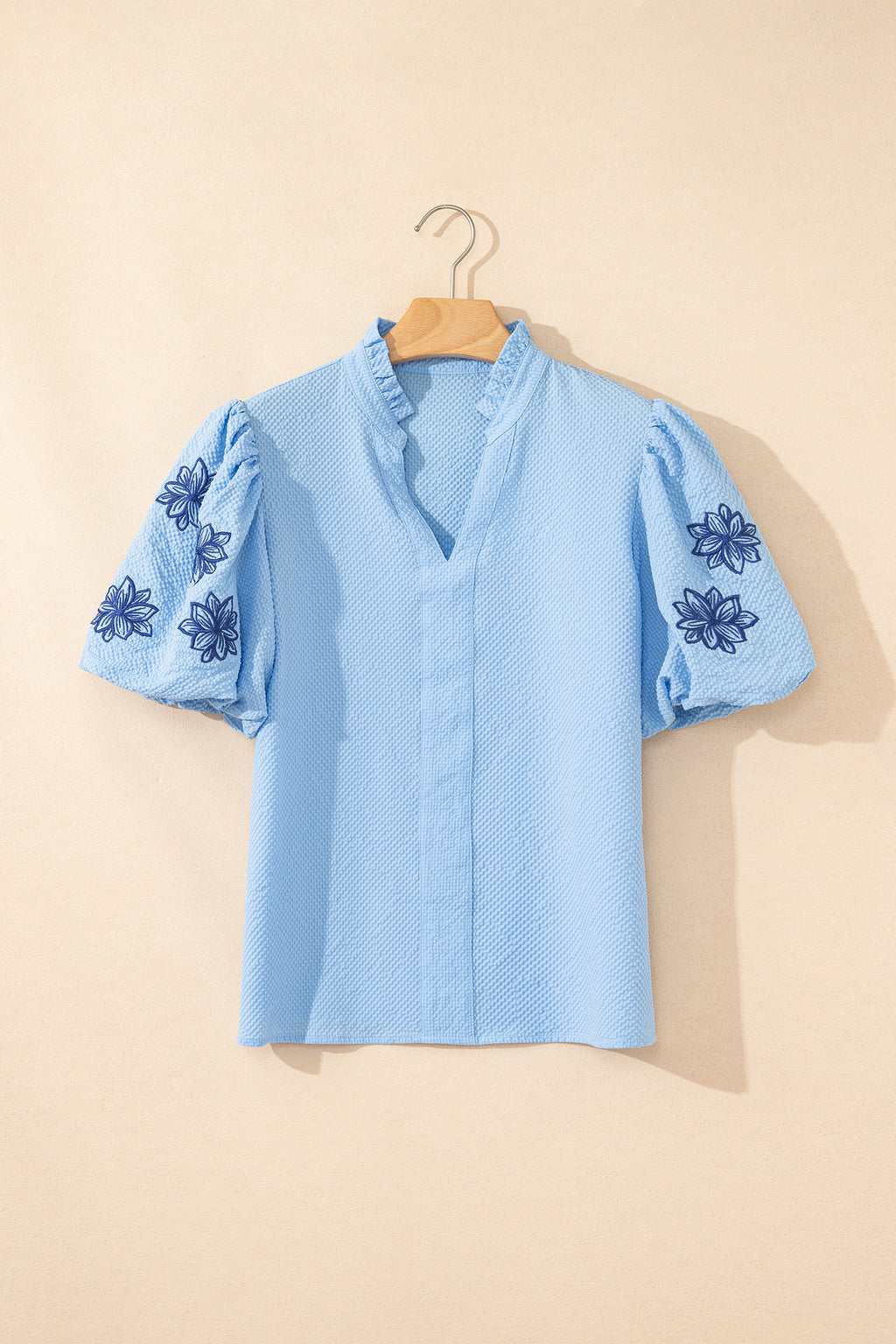 Beau Blue Flower Embroidered Puff Sleeve Blouse