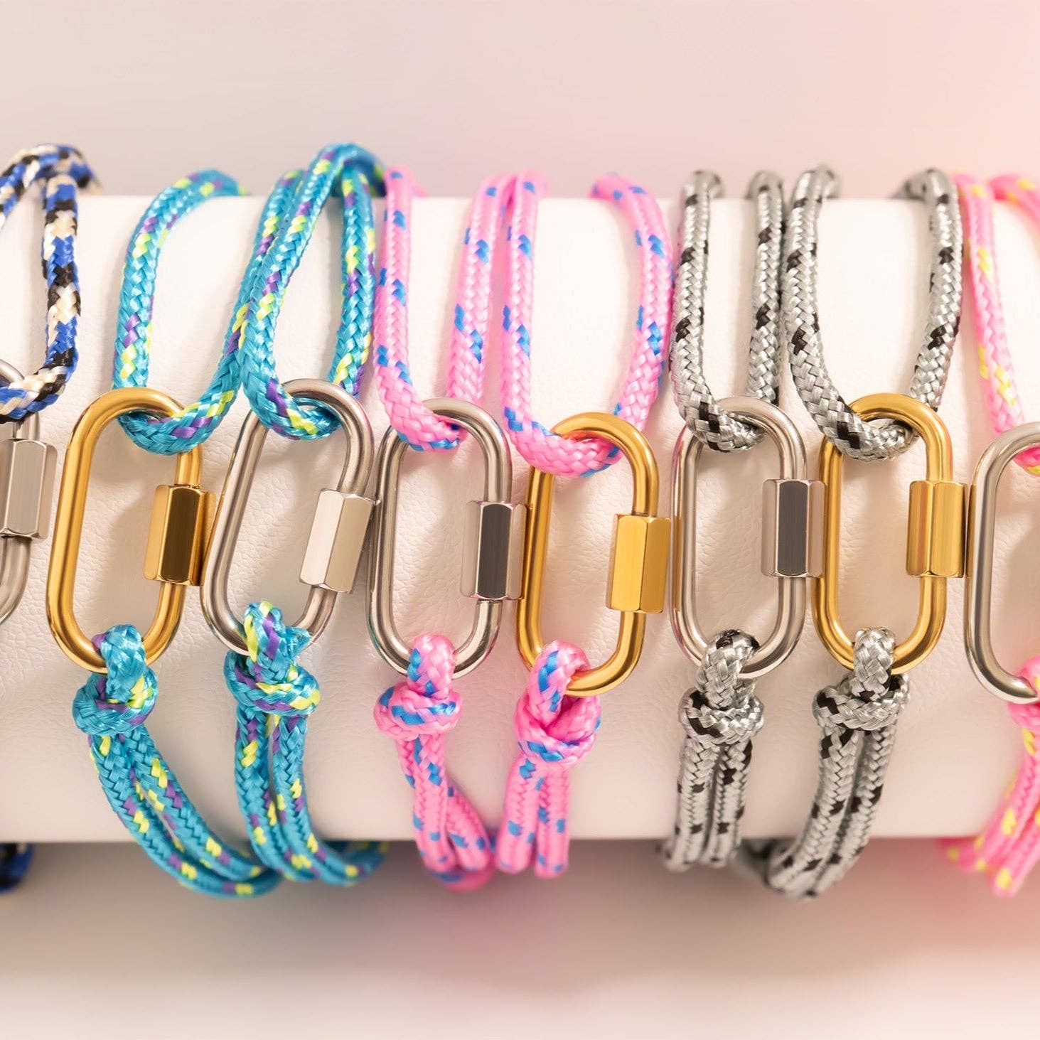 18K Gold PVD Stainless Steel Pink Rope Carabiner Bracelet: Gold
