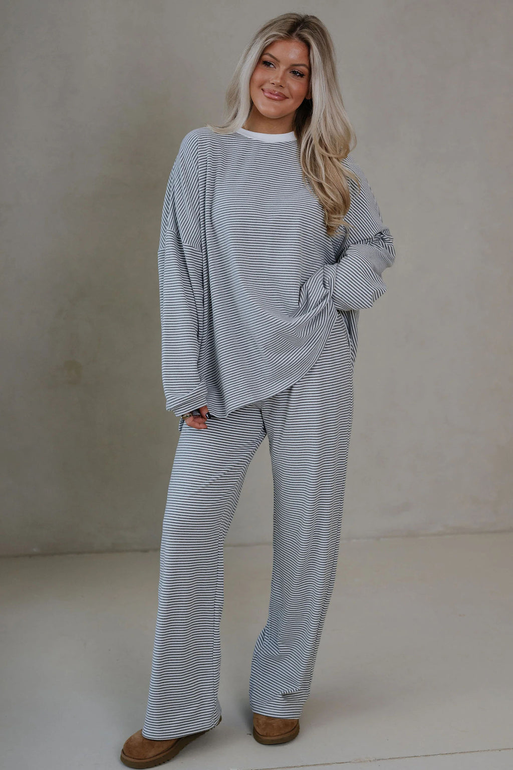 Pink Striped Drop Shoulder Long Sleeve Top and Pant Set
