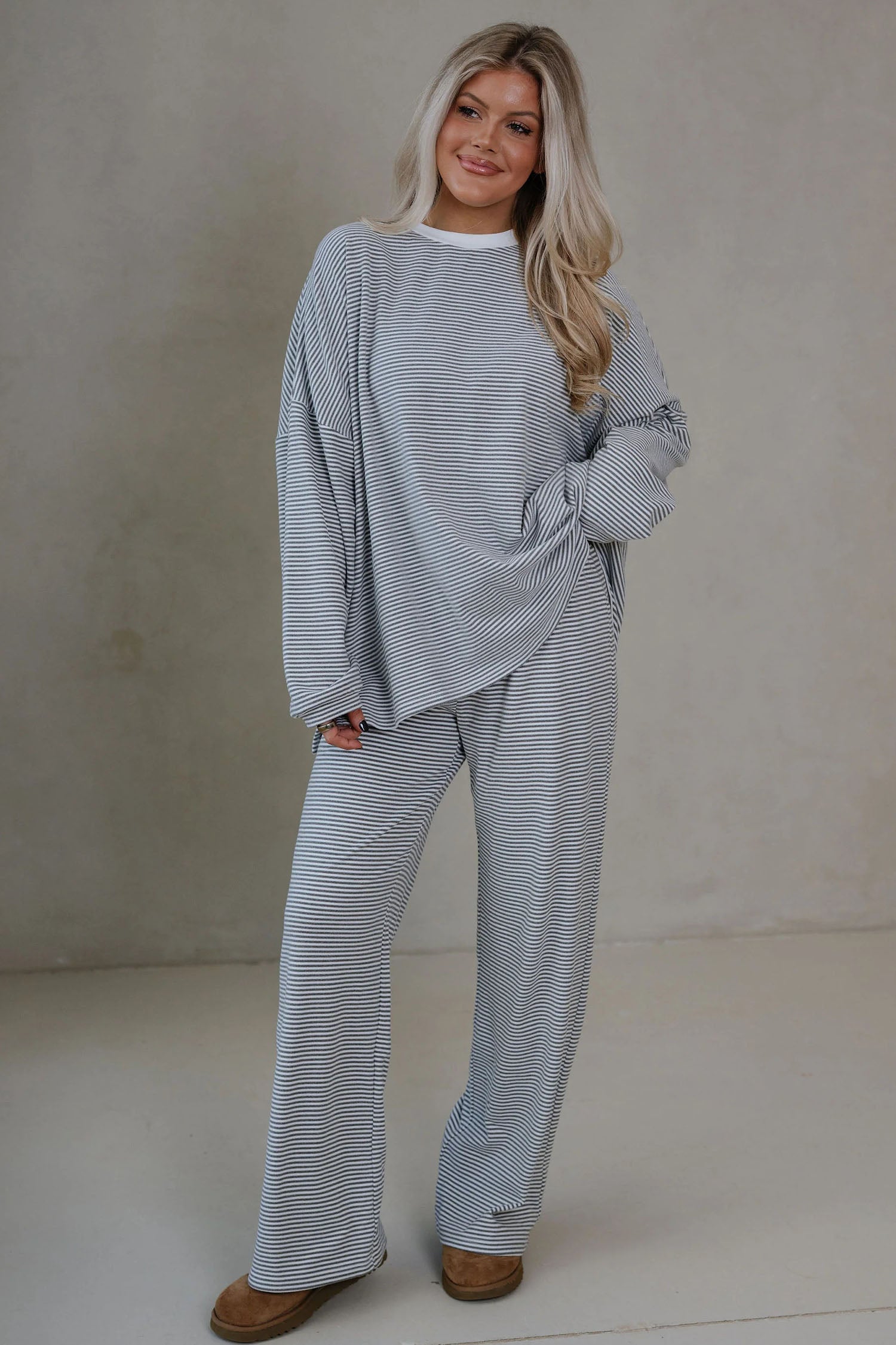 Pink Striped Drop Shoulder Long Sleeve Top and Pant Set