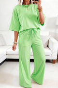 Light Green Lace Top Elastic Waist Pants Two Piece Set