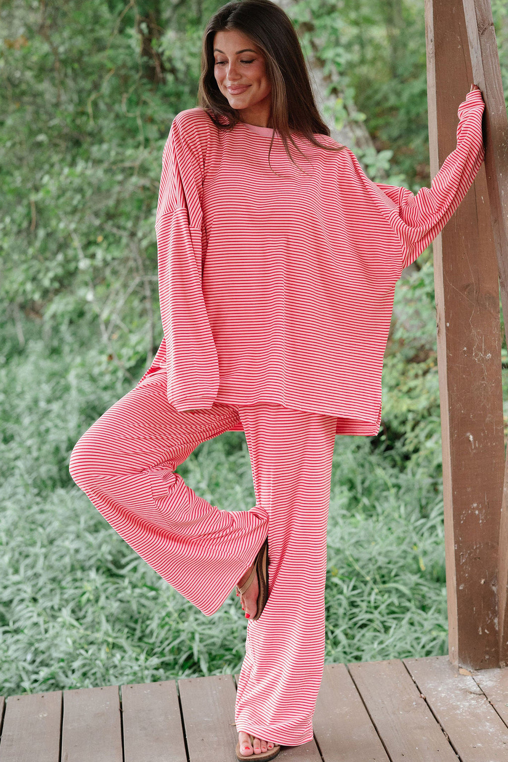 Pink Striped Drop Shoulder Long Sleeve Top and Pant Set