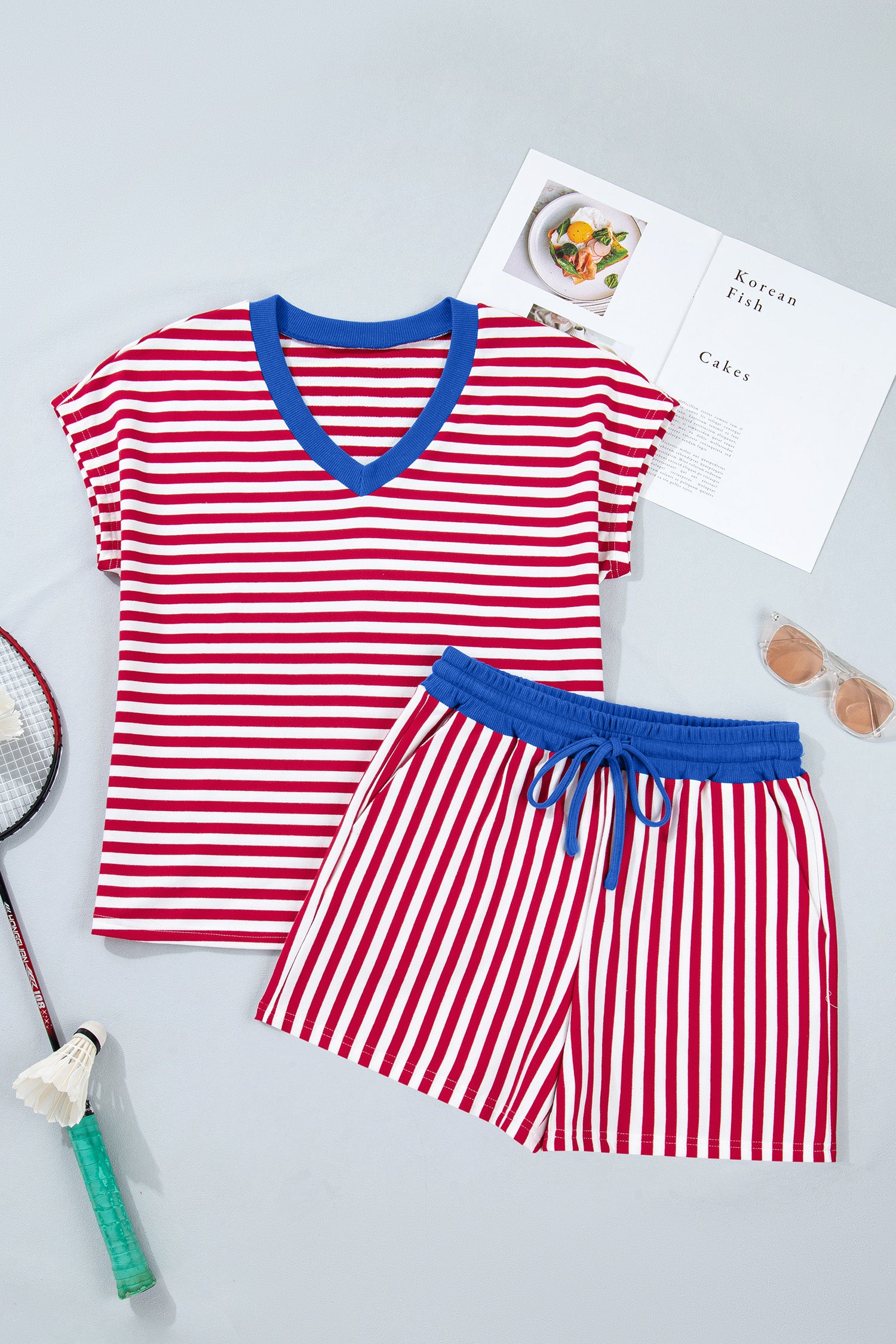 Pink Stripe Colorblock Tee Drawstring Elastic Waist Short Set