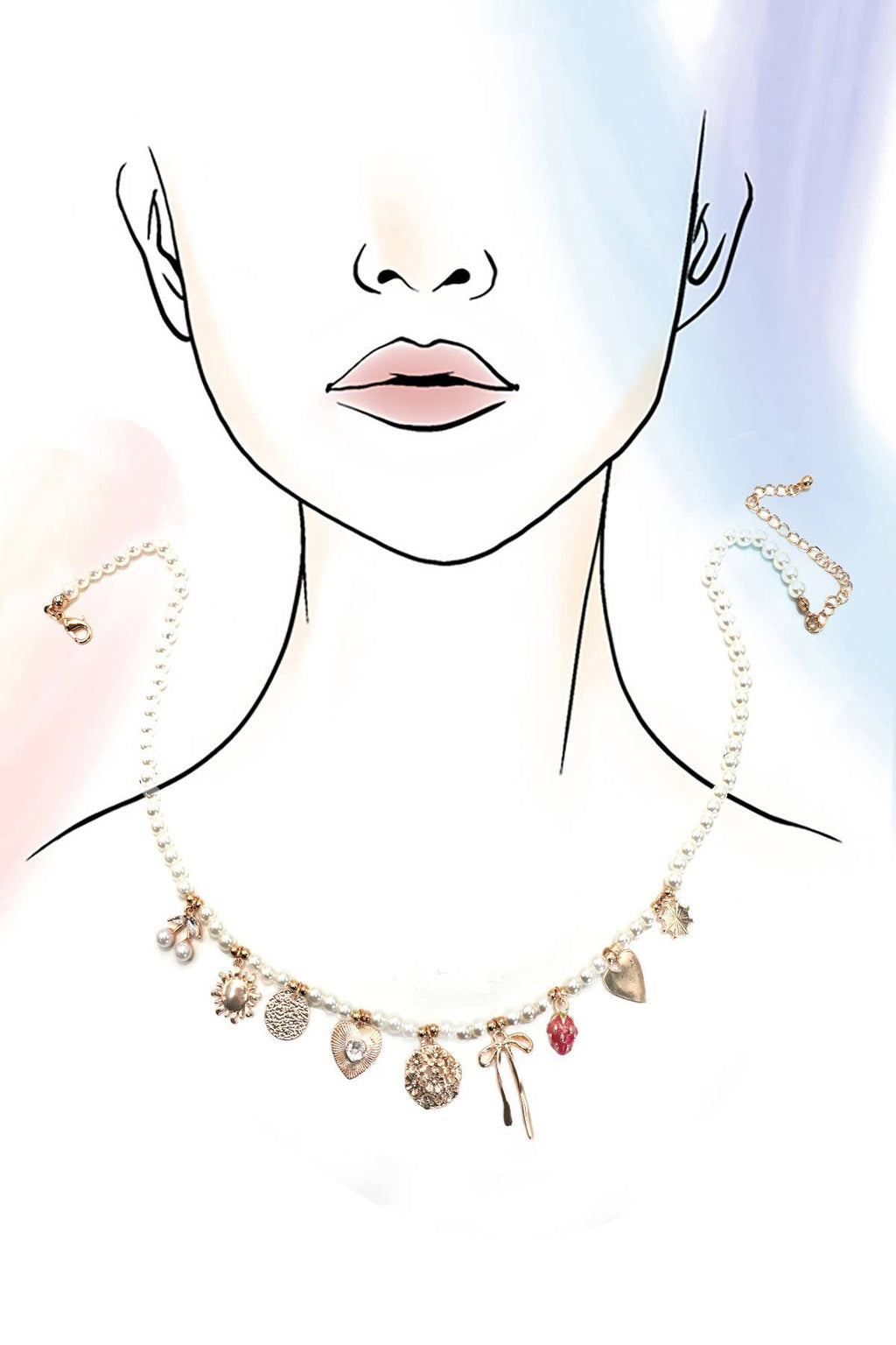 PEARL BEADED BOW STRAWBERRY CHERRY NECKLACE | 80N91511: Gold