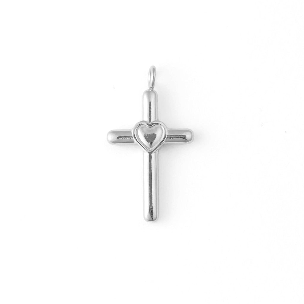 18K Gold PVD Stainless Steel Cross with Heart Charm: Gold