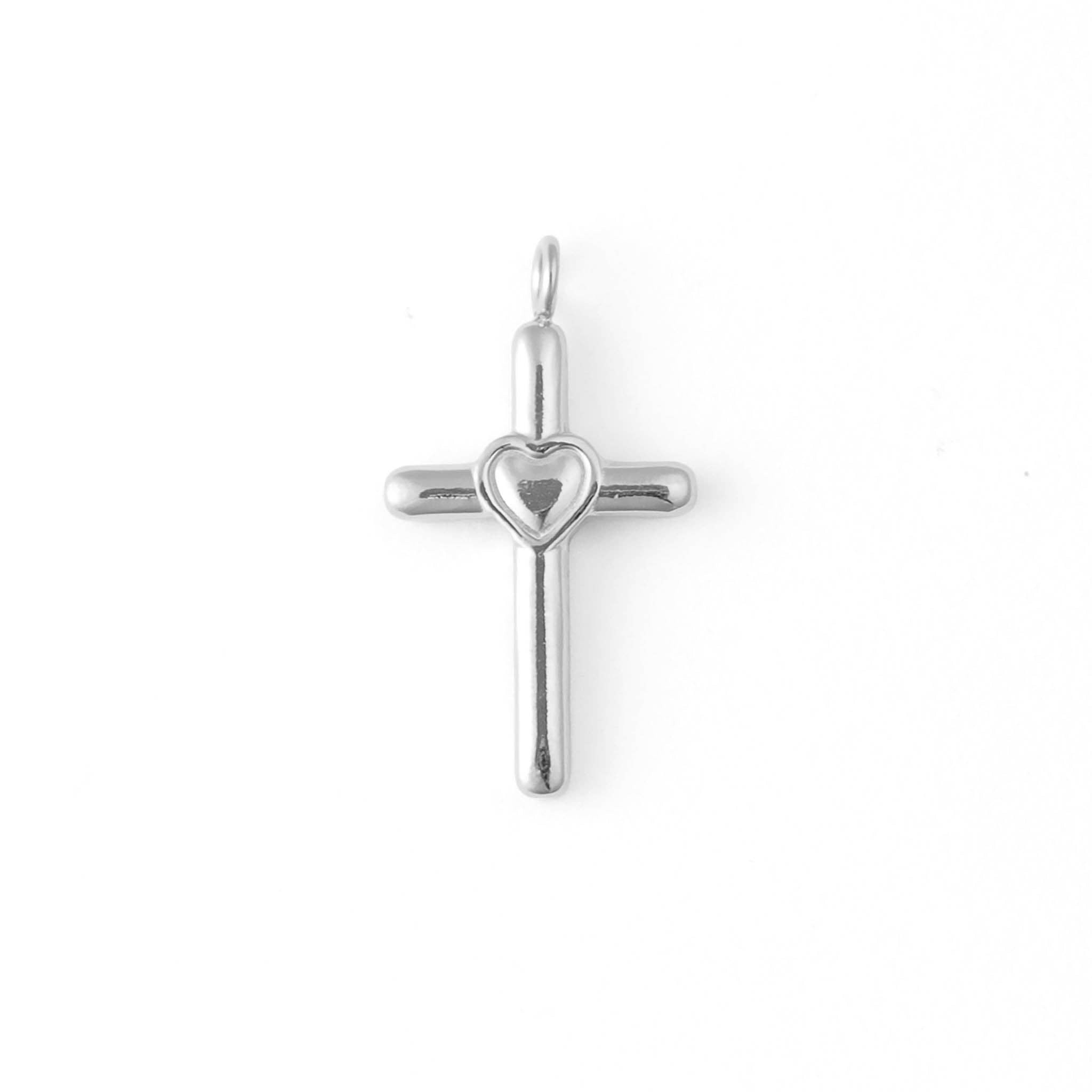 18K Gold PVD Stainless Steel Cross with Heart Charm: Gold