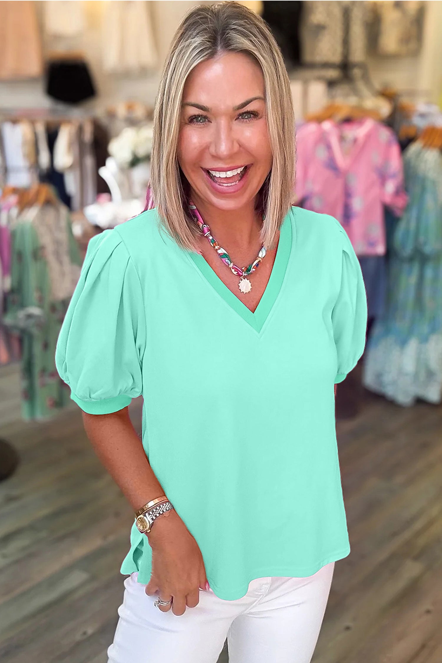 Mint Green Puff Sleeve Blouse