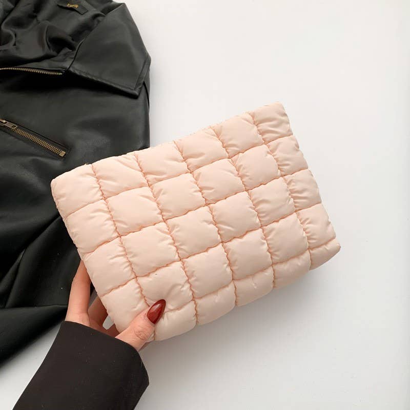 QUILTED PUFFY COSMETIC MAKEUP POUCH CLUTCH BAG | 40P538: Beige