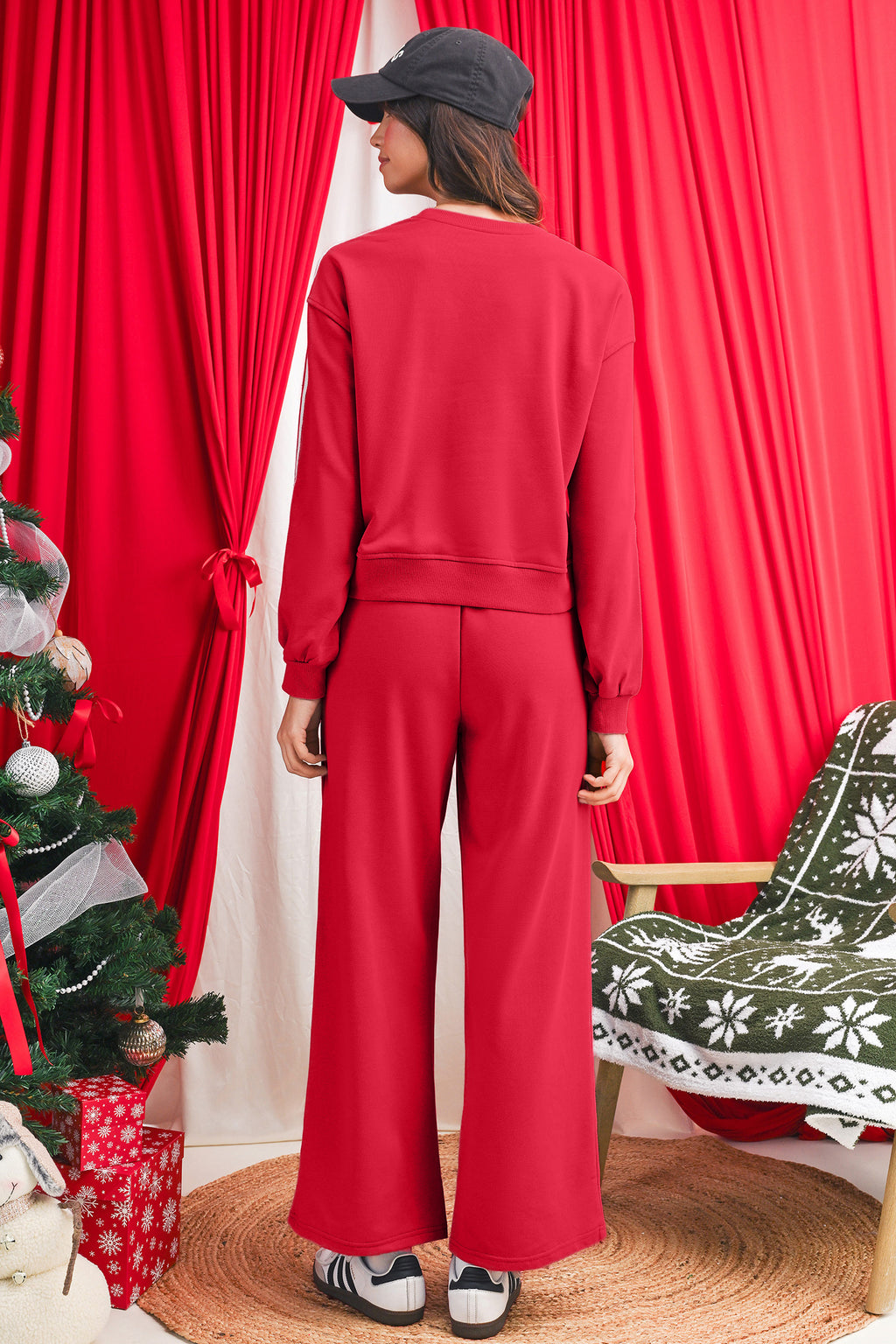 Fiery Red Pullover Wide Leg Pants 2pcs Outfit