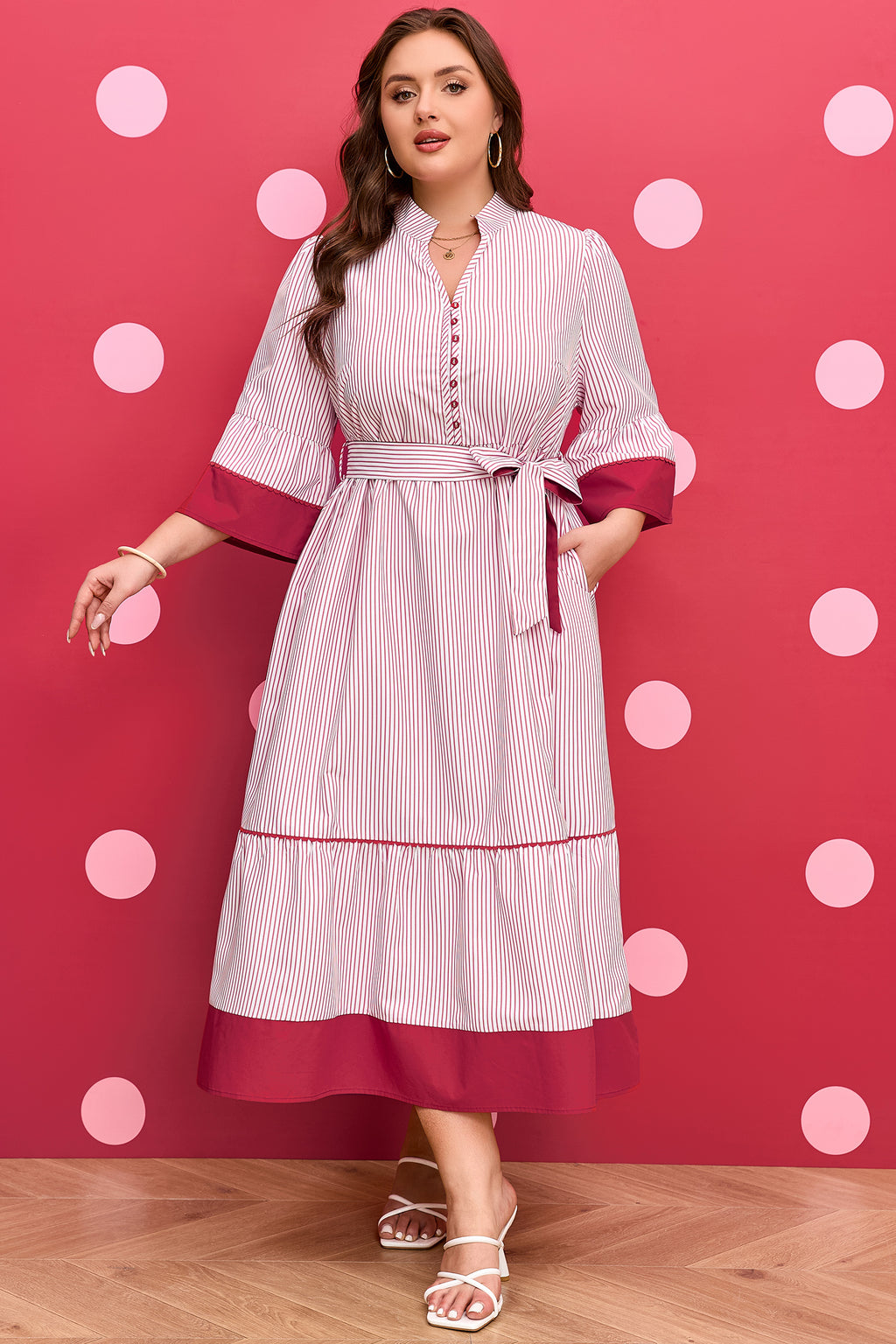 Red Stripe Ruffled Pinstriped Midi Dress