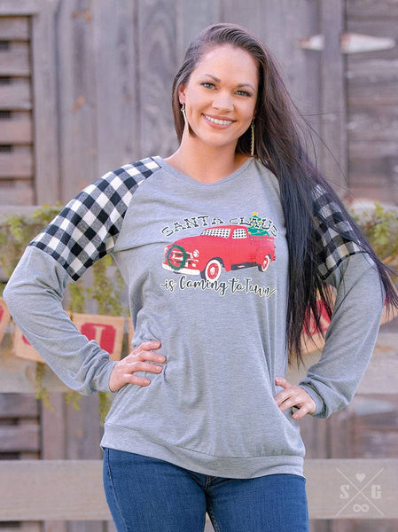 Santa Claus is Coming to Town on Heathered Grey Longsleeve with Flannel Gingham Insets: Grey / Small