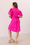 Hot Pink Puff Sleeve Button-Up Dress: Pink / 3XL