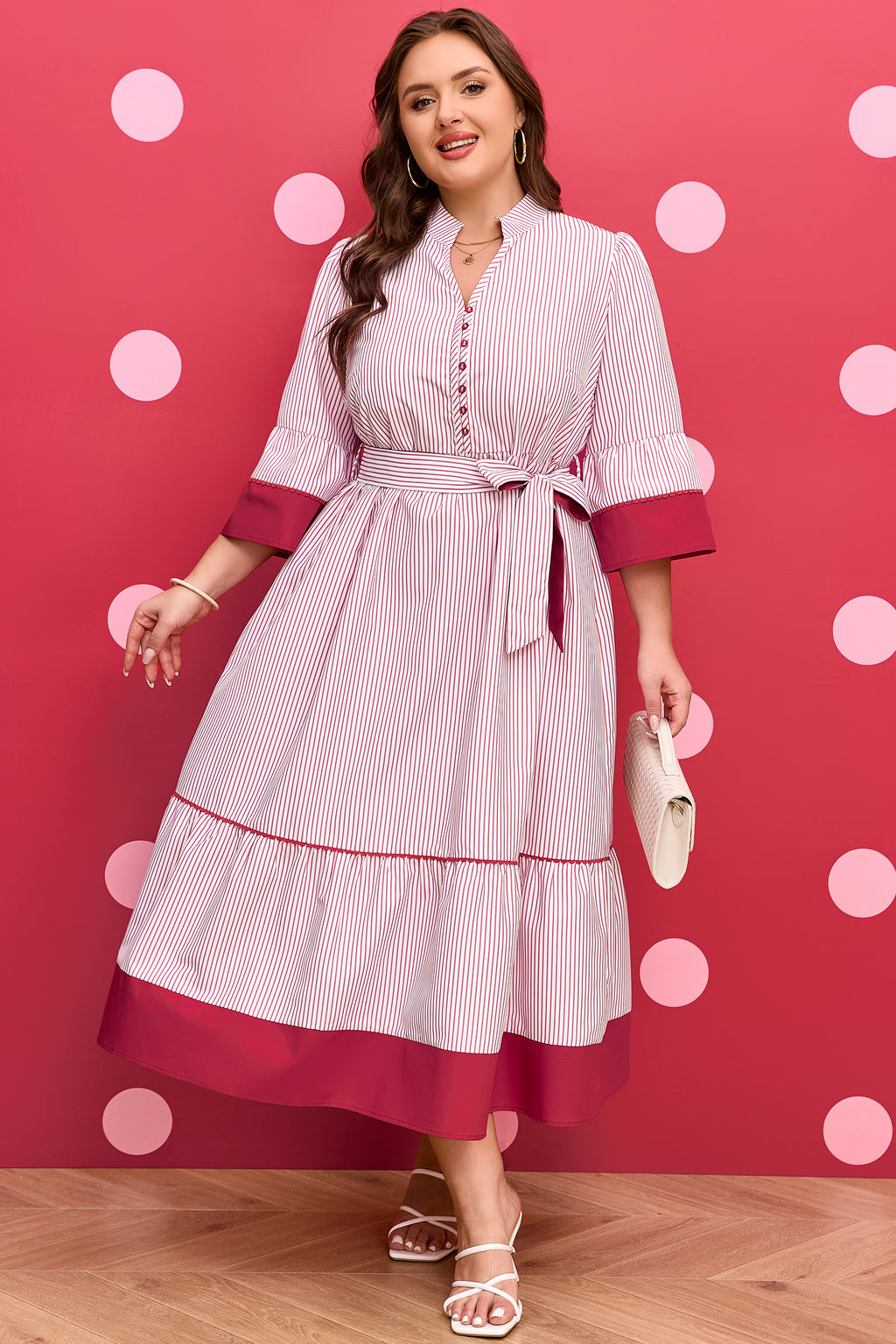 Red Stripe Ruffled Pinstriped Midi Dress