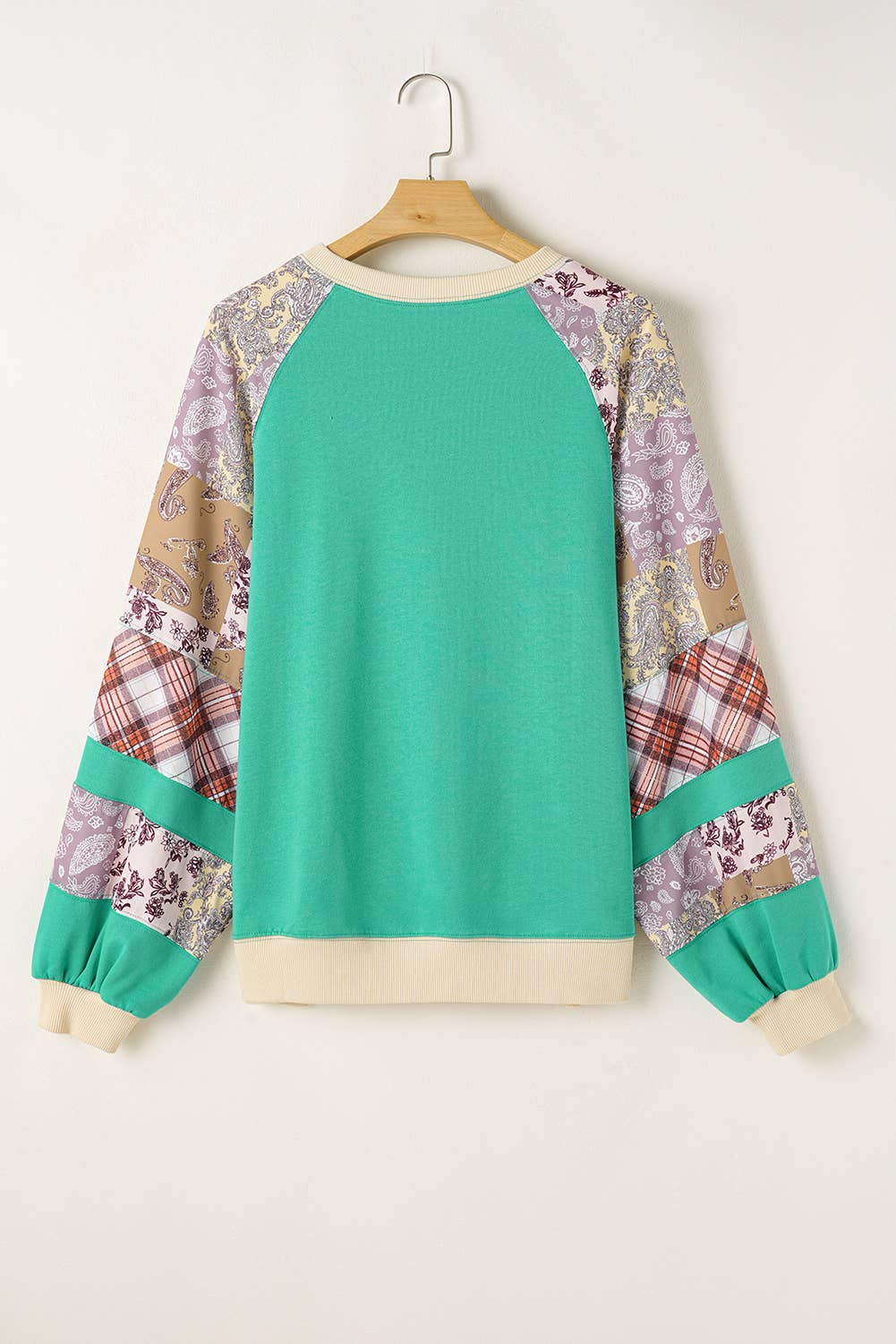 Plaid Floral Patchwork Long Sleeve Sweatshirt (S-4X): Green / Missy