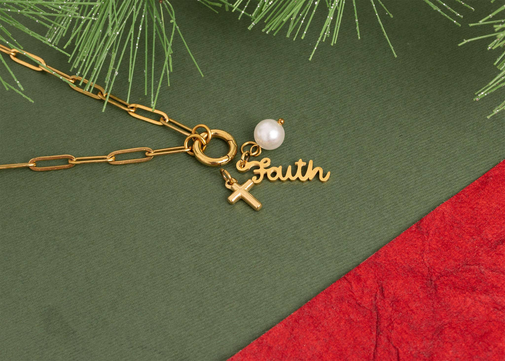 Gold Stainless Steel Faith Charm Holder Necklace Gift Set: Stainless