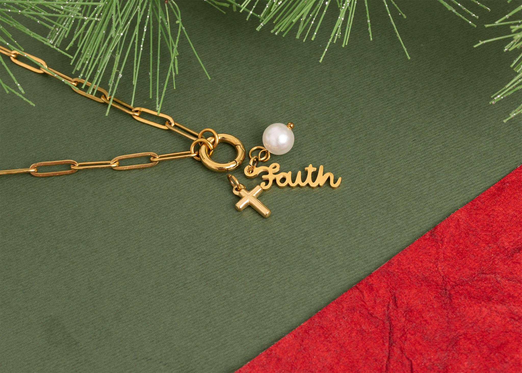 Gold Stainless Steel Faith Charm Holder Necklace Gift Set: Stainless