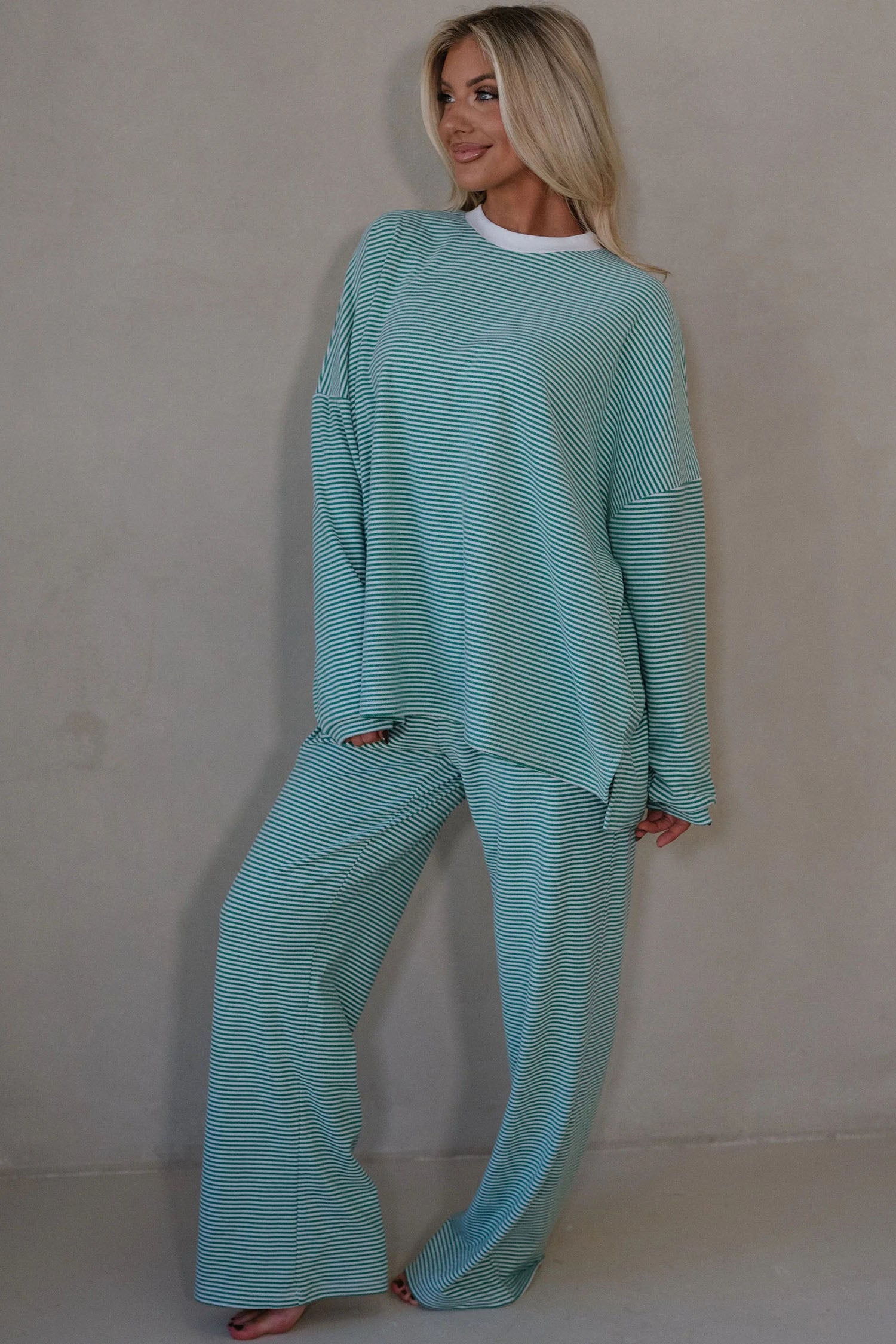 Pink Striped Drop Shoulder Long Sleeve Top and Pant Set