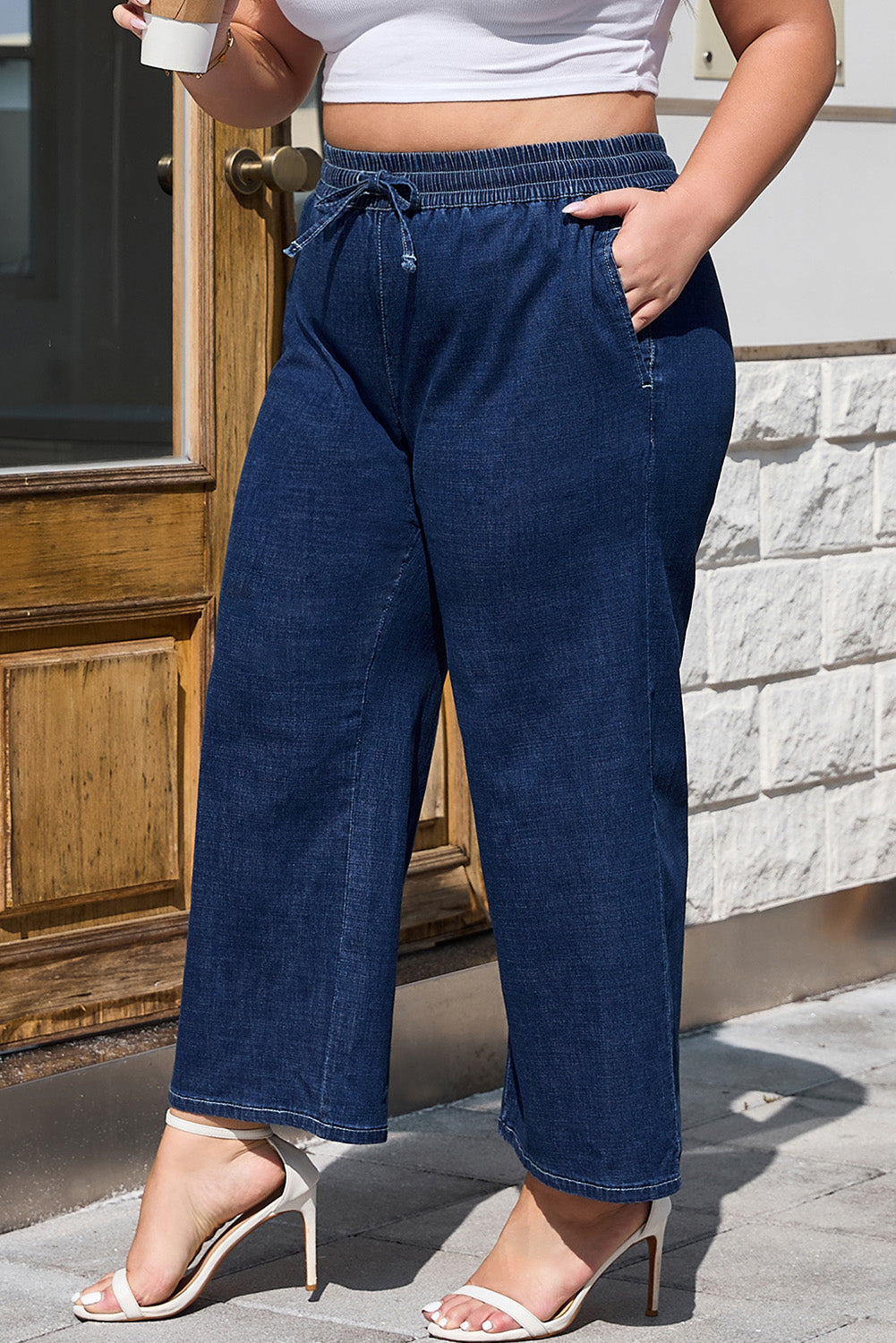 Blue Plus Size Drawstring Wide Leg Jeans