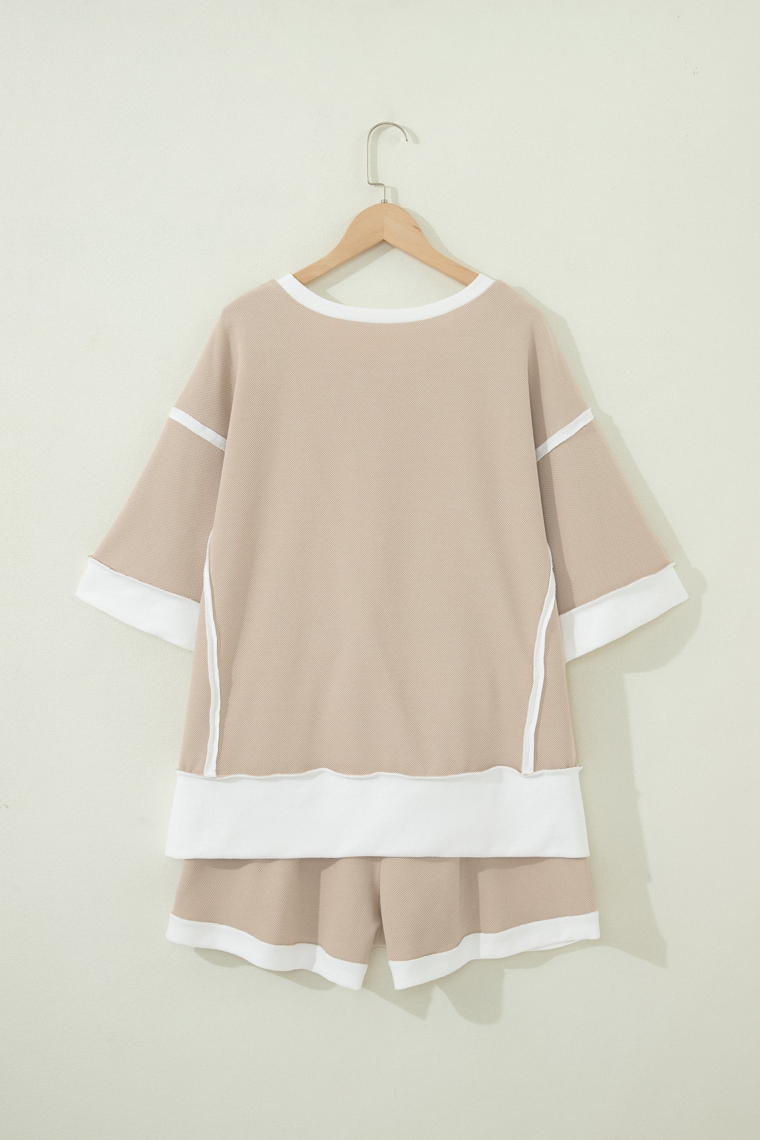 Beige Raw Edge Color Block Oversize Tee Drawstring Loose Shorts 2pcs Set