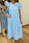Sky Blue Knot Back Gingham Maxi Dress