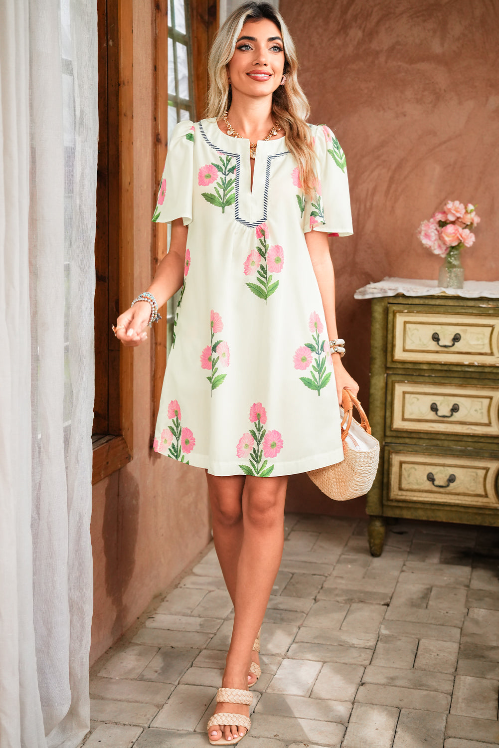 Apricot Striped Floral Mini Dress