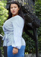 Nurode's Plus Size Stripe Wrap Blouse in Blue: Blue / 3XL