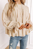 Parchment Pleated Ruffle Long Sleeve Chiffon Blouse