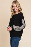 ETK-8180 Animal Print Solid Jersey Casual Top: Black/Ivory / Medium