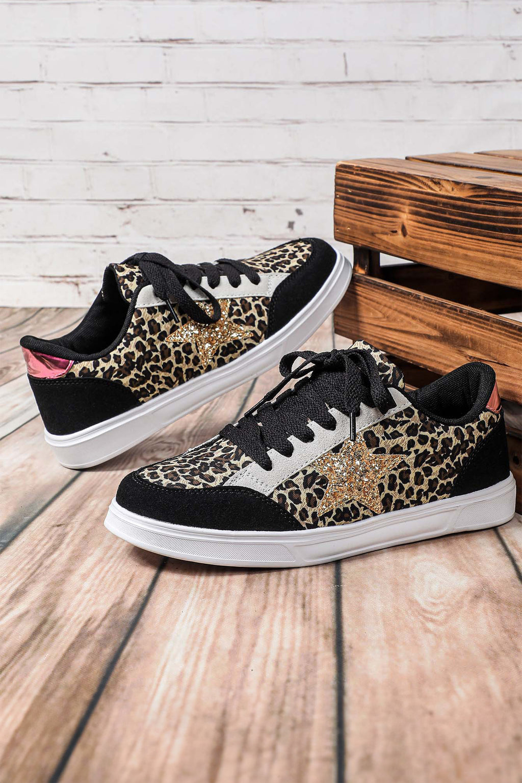 Black Glitter Star Patchwork Lace-up Flat Shoes