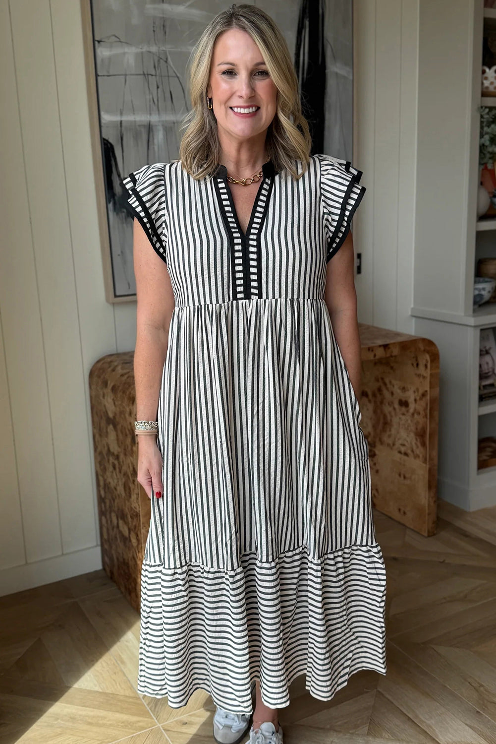Black Stripe Double Ruffled Short Sleeve Contrast Trim V Neck Midi Dress