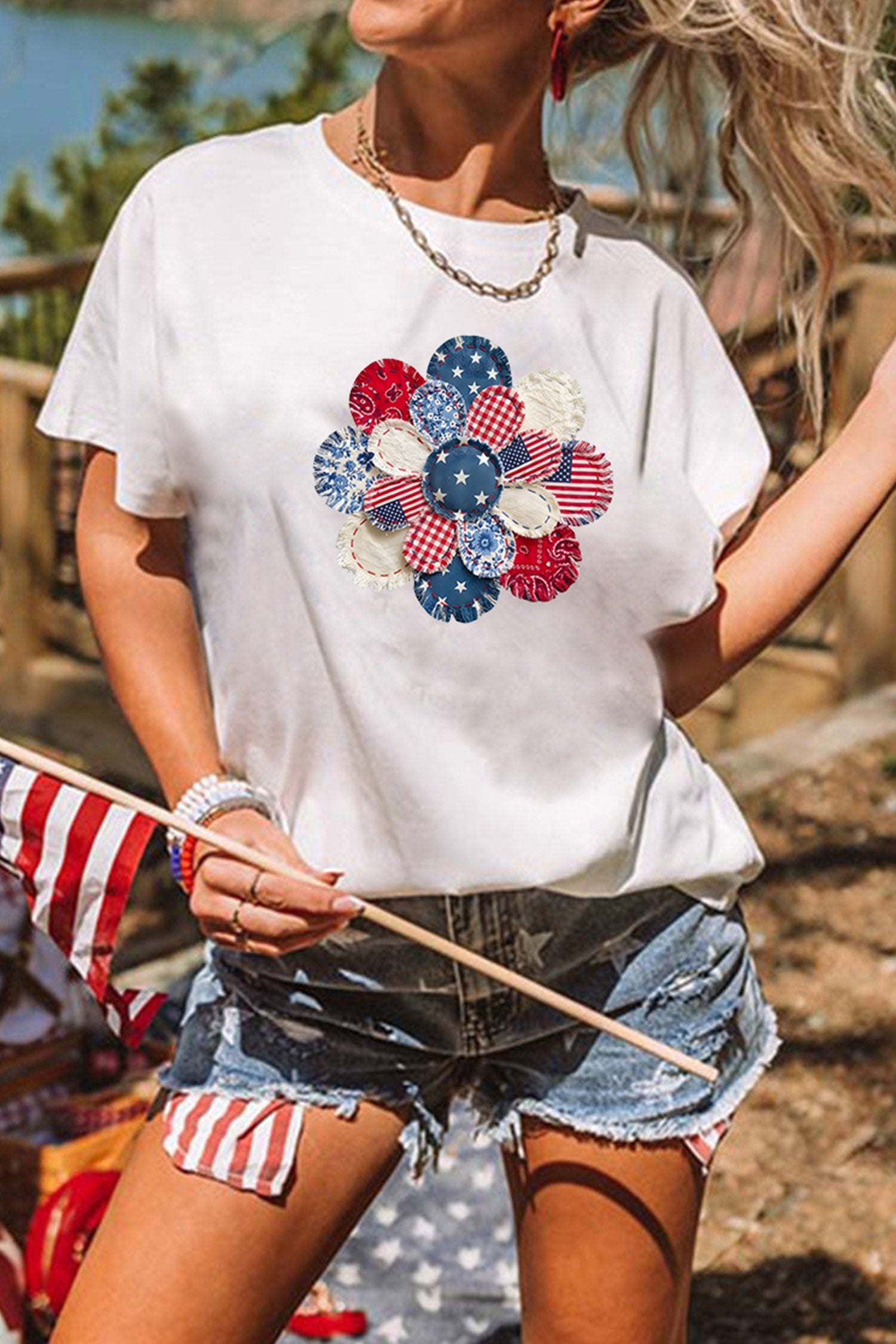 White Patchwork Patriotic Flower Printed T Shirt
