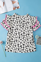 Contrast Layered Ruffle Sleeve Floral Blouse (S-XL): Pink / Missy / S