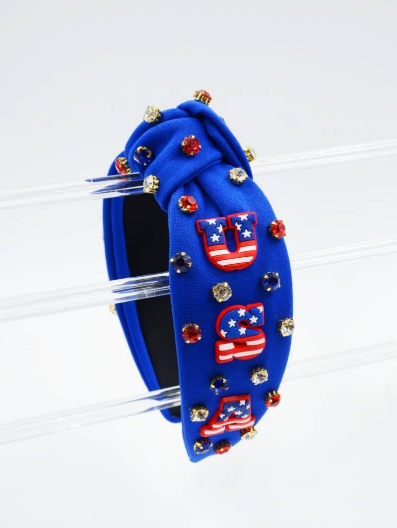 4TH OF JULY USA RHINESTONE STUD HEADBAND | 40HB164: Red