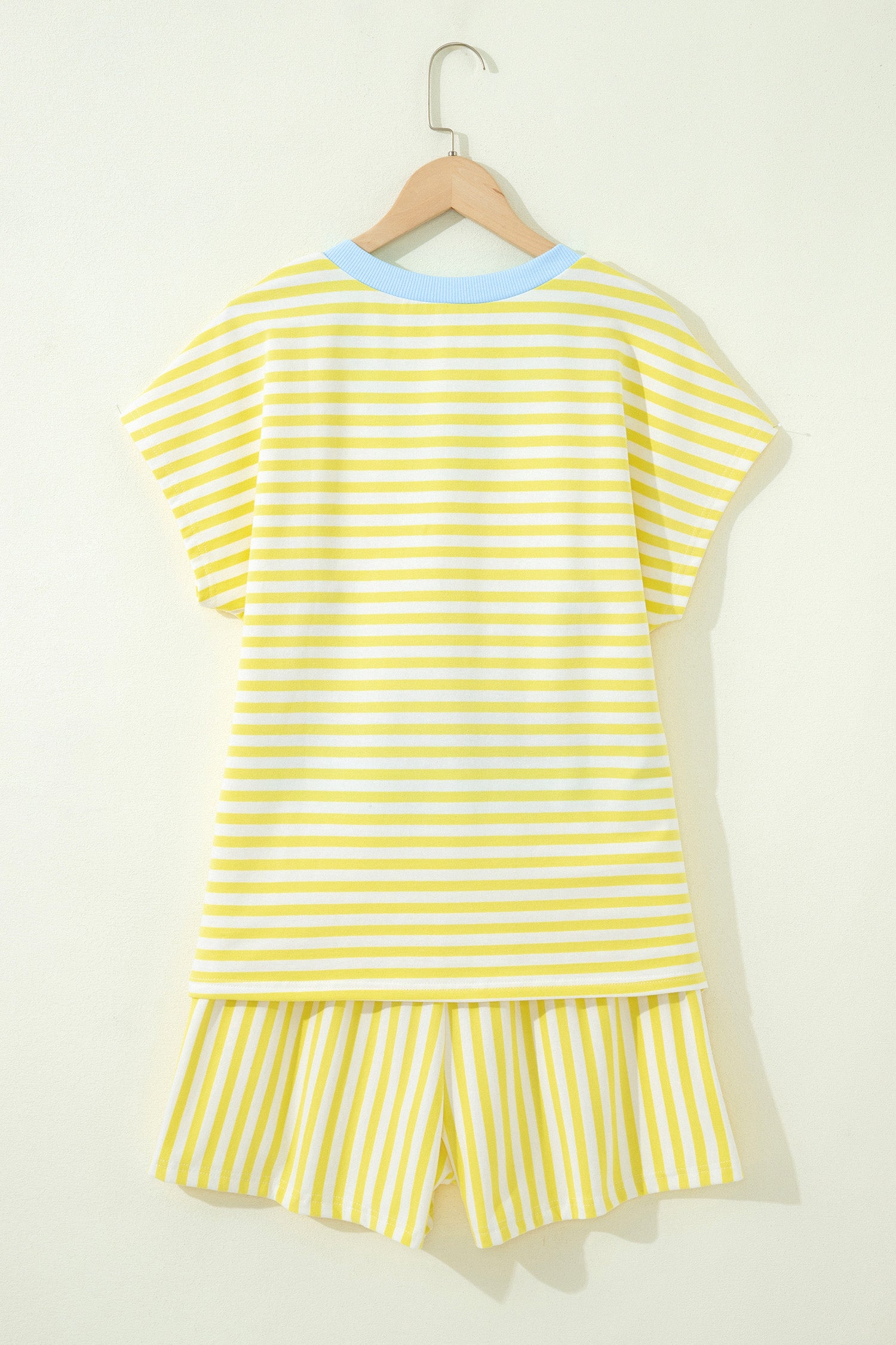 Pink Stripe Colorblock Tee Drawstring Elastic Waist Short Set