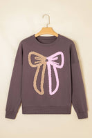 Contrast Terry Bow Pattern Drop Shoulder Sweatshirt (S-XL): Purple / Missy