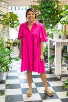 Hot Pink Puff Sleeve Button-Up Dress: Pink / 3XL